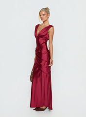 False Alarm Plunge Asymmetrical Pleat Maxi Dress Red