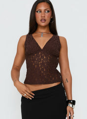 Aydinn Lace Plunge Neck Top Brown