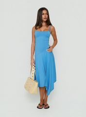 Caught Up Drop Waist Asymmetrical Midi Dress Blue