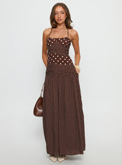 Marguerite Halter Maxi Dress Brown Polka Dot