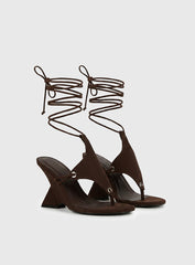 Diamond Court Lace Up Faux Suede Heels Brown