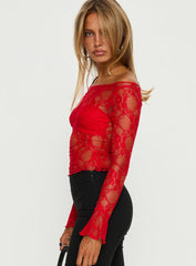 Junah Sheer Lace Long Sleeve Top Red